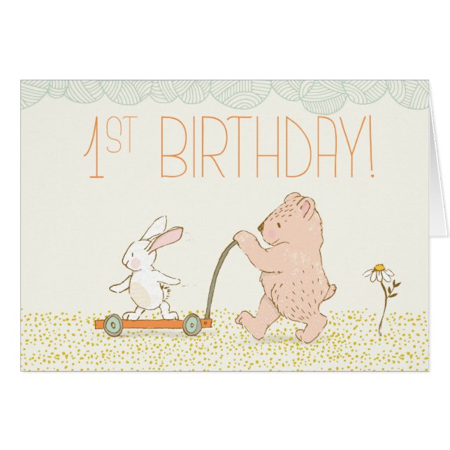 Erster Geburtstag Wanderbär und Kaninchen (Vorderseite (Horizontal))