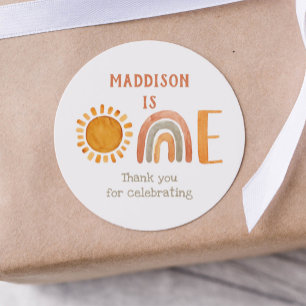 Erster Geburtstag Wasserfarbe Boho Regenbogen und  Runder Aufkleber