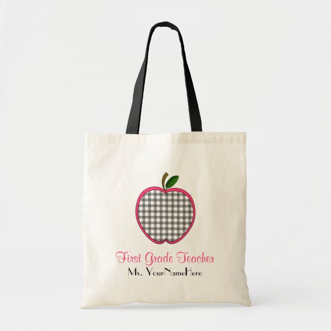 Erster Grad-Lehrer-Tasche - grauer Gingham Apple Tragetasche (Vorne)