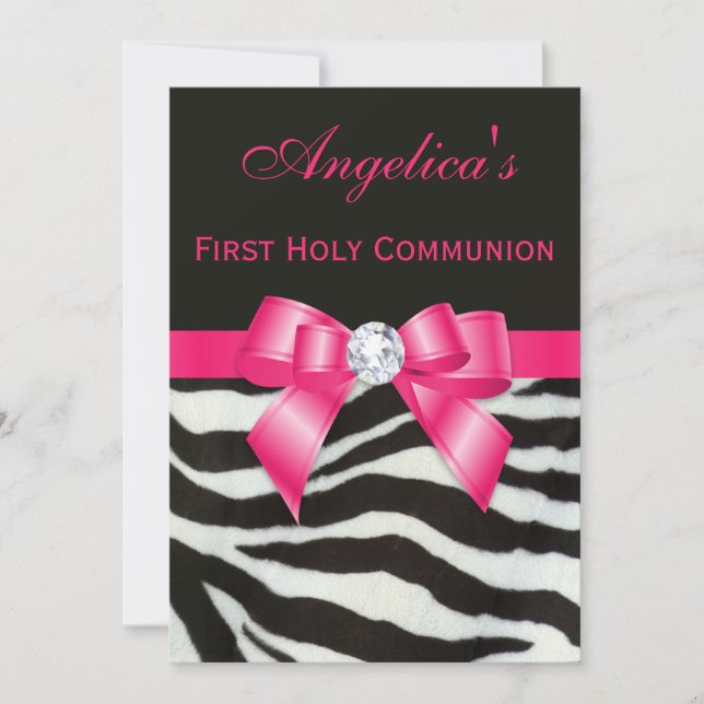 Erster heilige Kommunionzebra-Streifen-Pink-Bogen Einladung (Vorderseite)