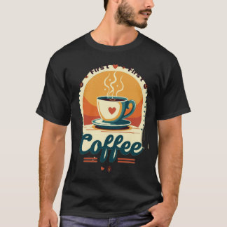 Erster Kaffee | Vintage-Sonnenuntergang Retro-Herz T-Shirt