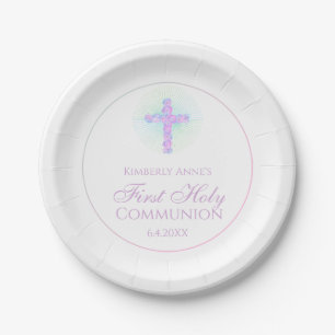 Erster Kommunalkreuz-Lavendel Mit Monogramm Pappteller