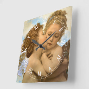 Erster Kuss (Engelsdetail) von Bouguereau Quadratische Wanduhr