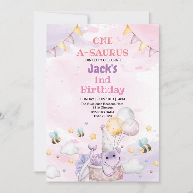 Erster Lila Dinosaurier-Aquarellstar zum 1. Geburt Einladung (Vorderseite)