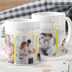 Erster Muttertag 4 Foto Grau Gelb Personalisiert Kaffeetasse