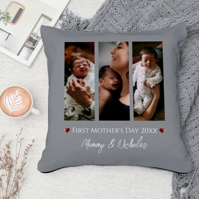Erster Muttertag Drei FotoCollage | Grau Kissen (Gray First Mother's Day Three Photo Collage Throw Pillow)