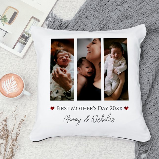 Erster Muttertag Drei FotoCollage Kissen (White First Mother's Day Three Photo Collage Throw Pillow)