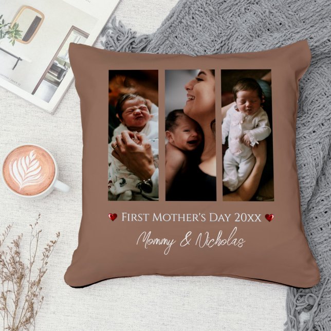 Erster Muttertag Drei FotoCollage Mocha Brown Kissen (Mocha Brown First Mother's Day Three Photo Collage Throw Pillow)