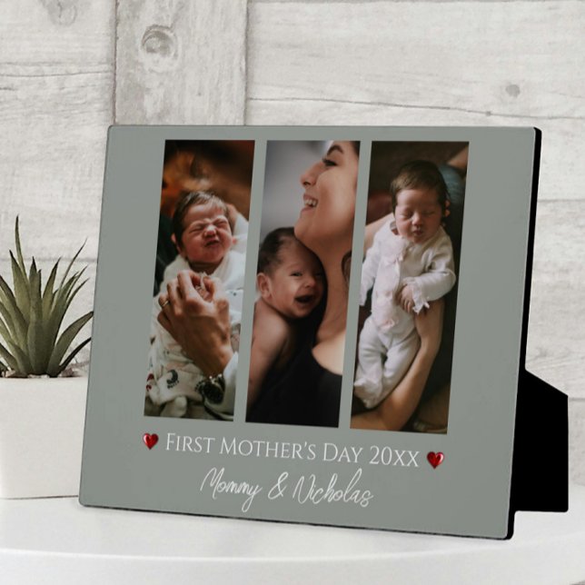 Erster Muttertag drei Mal Collage Szene Grün Fotoplatte (Sage Green First Mother's Day Three Photo Collage Plaque)