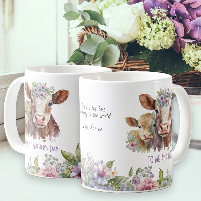 Erster Muttertag Ich und Moo Niedliche Kühe Kaffeetasse (First Mother's Day mug for mom with cute mommy and baby cow and fun pun to Me and Moo)