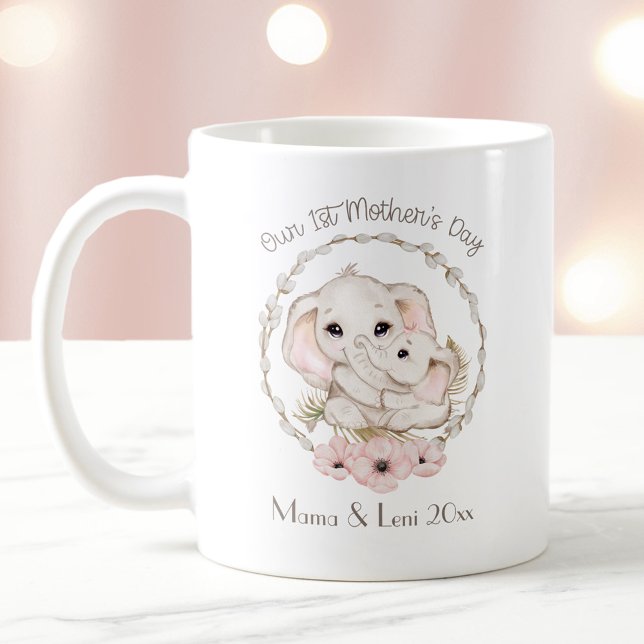 Erster Muttertagsleber Elefant Personalisierter Na Kaffeetasse (First Mother's Day Girl Elephant Personalized Name Coffee Mug)