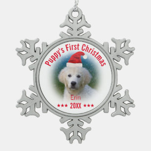 Erster Name des Welpen des Weihnachten Hunde Schneeflocken Zinn-Ornament