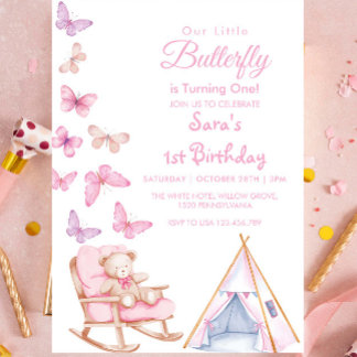 Erster Niedlicher Bär LItlle Butterfly zum 1. Gebu Einladung