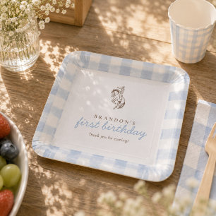 Erster Rodeo-Cowboy-Geburtstag Blau Gingham Pappteller