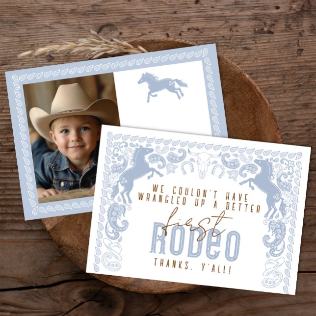 Erster Rodeo Geburtstag Dankeschön Karte - Western (Dusty Blue 1st Rodeo Birthday Thank You Card)