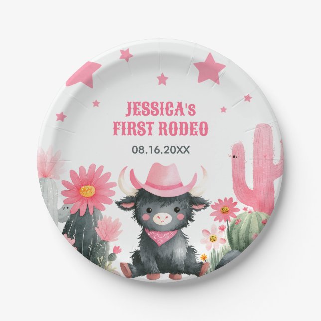 Erster Rodeo Highland Kuh Western Kinder Geburtsta Pappteller (Vorderseite)