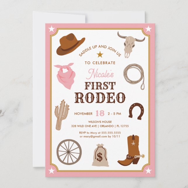 Erster Rodeo Pink Cowgirl Wild West Erster Geburts Einladung (Vorderseite)