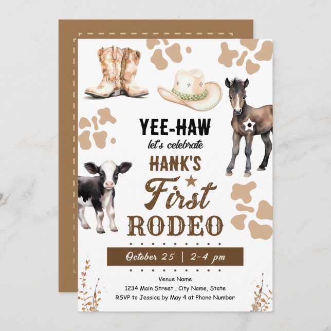 Erster Rodeo Western Geburtstag Einladung (Vorne/Hinten)