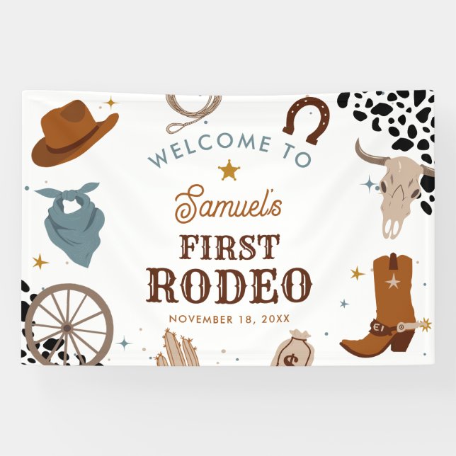 Erster Rodeo Western Junge Erstgeburtstag Willkomm Banner (Horizontal)