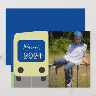 Erster Schultag Bus Gelb Skript Fotokarte Einladung