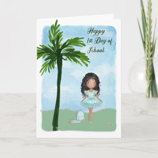 Erster Schultag mit jungen dunklen Hautmädchen Karte (Vorderseite)