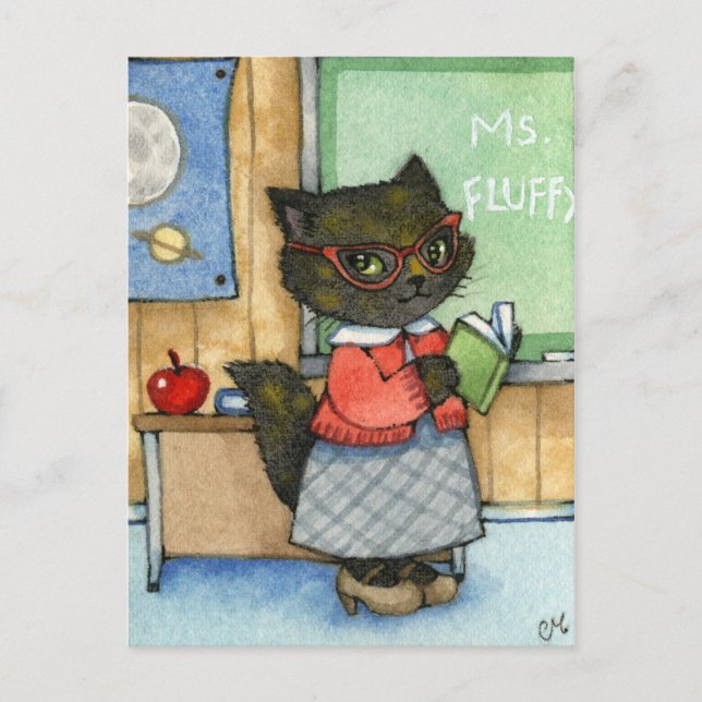 Erster Schultag - Niedliche Lehrerin Katze Kunst Postkarte (Vorderseite)