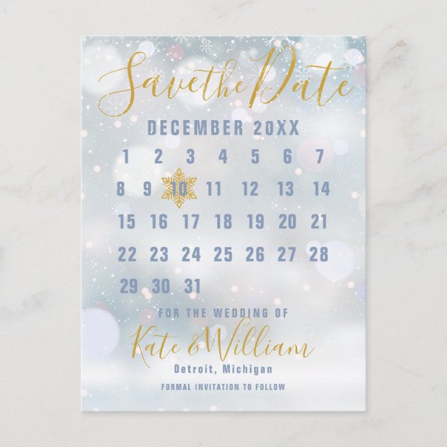 Erster Snowflakes-Kalender Save the Date Ankündigungspostkarte (Vorderseite)