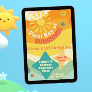 Erster Sonnenstrahl, Bunte Sonne 1. Geburtstag Einladung
