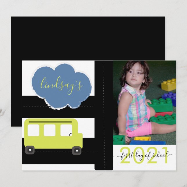 Erster Tag der Schule Bus Road Script Foto-Karte Einladung (Vorne/Hinten)
