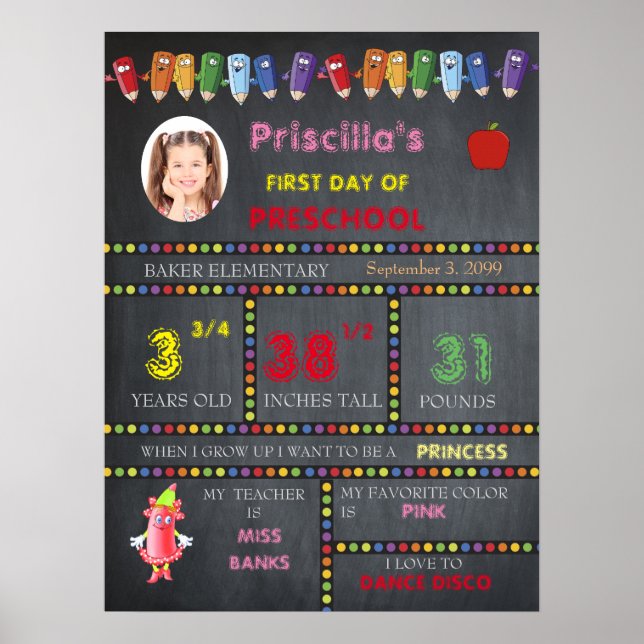 ERSTER TAG PRESCHOOL Mädchen,Tafelschild,Foto Poster (Vorne)