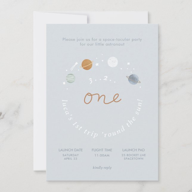 Erster Trip Space Thema 1. Geburtstag Einladung (Vorderseite)