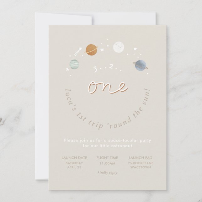 Erster Trip Space Thema 1. Geburtstag Einladung 3 (Vorderseite)