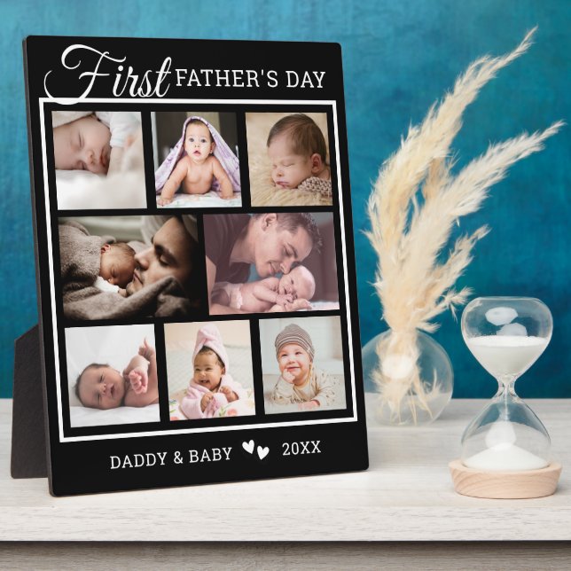 Erster Vatertag 8 FotoCollage Schwarz-Weiß Fotoplatte (Seite)