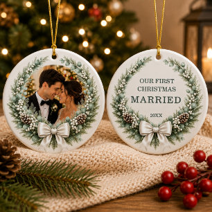 Erster verheirateter Weihnachtsfoto-Kranzbogen Keramik Ornament