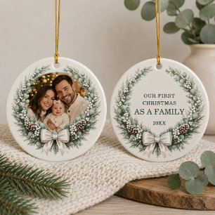 Erster Weihnachten als Familienkranz-Foto-Schleife Keramik Ornament