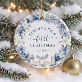 Erster Weihnachten Blau Rustikaler Kranz Keramik Ornament