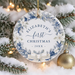 Erster Weihnachten Blau Rustikaler Kranz Keramik Ornament