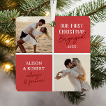 Erster Weihnachtsfest Verlobtes Foto Roter Feierta Ornament Aus Metall<br><div class="desc">Feiern Sie Ihr erstes Weihnachtsfest verlobt auf eine ganz besondere Art und Weise! In unserem modernen Weihnachtsschmuck finden Sie zwei hochgeschätzte Fotos, die mit reizvollen roten Plätzen geschmückt sind und die herzliche Botschaft "unsere ersten Weihnachtsfeiern". Personalisiert mit dem Jahr und den Namen, ist dieses Ornament nicht nur eine Dekoration, sondern...</div>