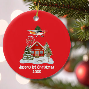Erster Weihnachtsflugzeug Baum Pilot Junge Keramik Ornament