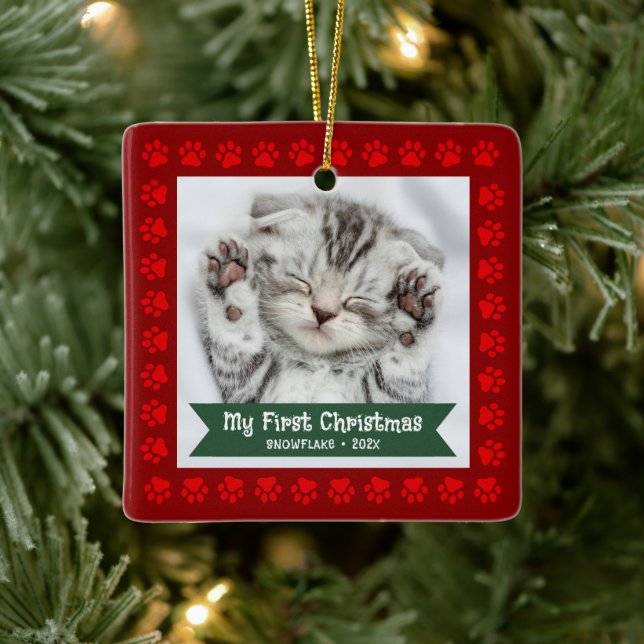 Erster Weihnachtsmann Kitten Foto Paws Red Custom Keramikornament (Baum)