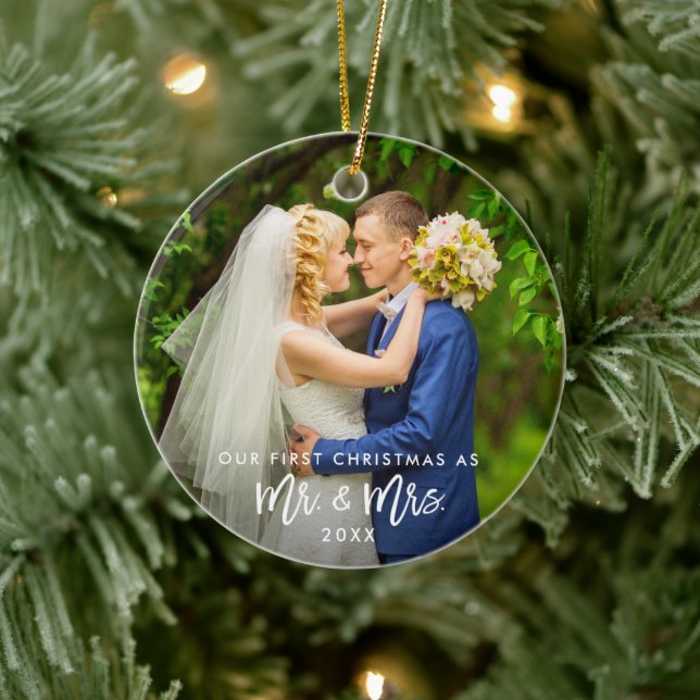 Erster Weihnachtsmann & Mrs. Foto Brush Script R Keramik Ornament (Baum)