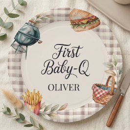 Erstes Baby Q BBQ 1. Geburtstag Junge Rustikal Gin Pappteller