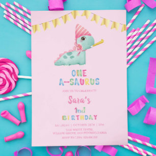 Erstes Dinosaurier Party zum 1. Geburtstag, rosa Einladung