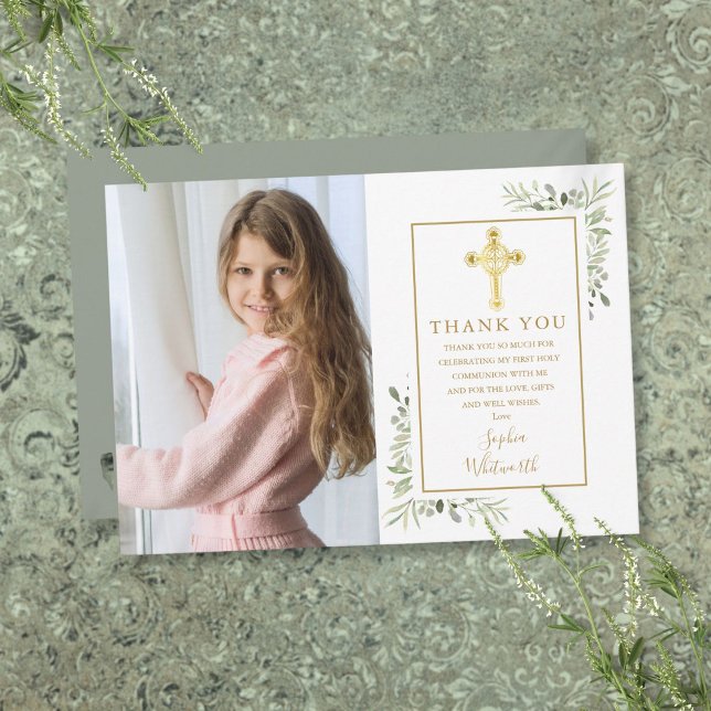 Erstes Foto für das Heilige Kommunion, Goldkreuz Dankeskarte (First Holy Communion Gold Cross Greenery Photo Thank You Card)