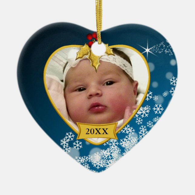 Erstes Foto hellblauen Babys Snowy Weihnachts Keramikornament (Vorne)