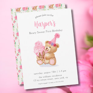 Erstes Geburtstags-Teddybär-Eis für Mädchen Einladung