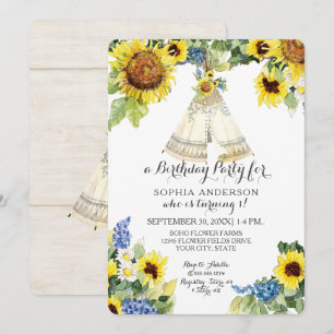 Erstes Geburtstagsabenteuer BOHO Teepee Sonnenblum Einladung