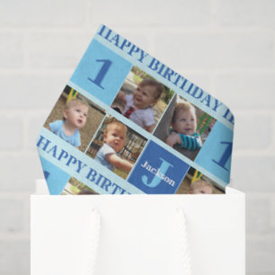 Erstes Geburtstagsfoto-Collage süßer blauer Babyju Seidenpapier