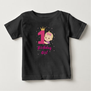 Erstes Geburtstagskind mit Krone und rosa Nummer E Baby T-shirt