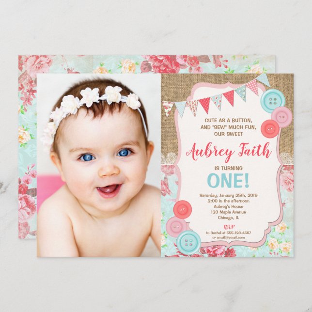 Erstes Geburtstagsmädchen, das als Knopfgeschenk n Einladung (Vorne/Hinten)
